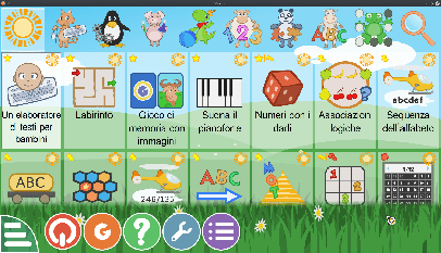 Screenshot dell'interfaccia di GCompris che mostra le varie attività.