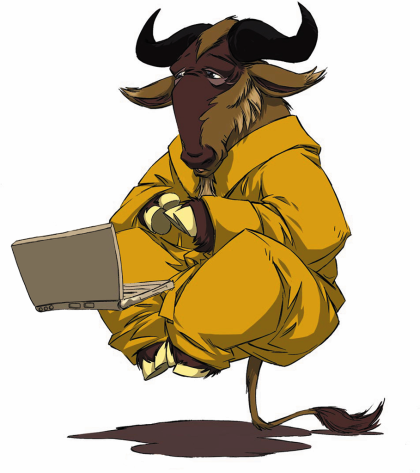 [Gnu in meditazione con un computer portatile]